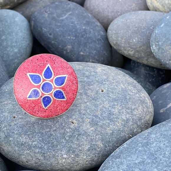 SUNDANCE coral lapis lazuli RING oversized sterling silver jewelry floral inlay